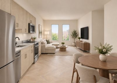 Rendering of an apartment interior with an open kitchen, a dining table, and a living area lit by two tall windows.