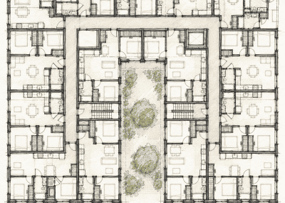 Hand-drawn floor plan of a typical residential floor at 701 South Jackson, showing apartments arranged around a central landscaped courtyard.