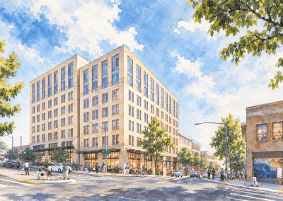 Watercolor rendering of 701 South Jackson at the corner of 7th Avenue South and South Jackson Street, with people walking past ground-floor storefronts.